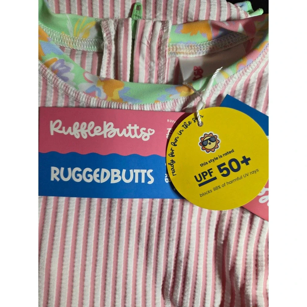RuffleButts Pink Seersucker Long Sleeve Rash Guard‎ Swimsuit UPF 50+ 12-18M